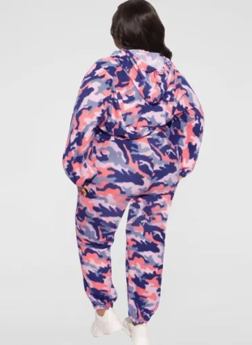 Plus Size Camouflage Print Purple Hoody Top and Pant 2PCS Set