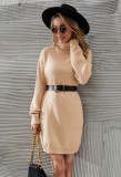 Khaki Turtleneck Long Sleeve Drop Shoulder Mini Knit Dress