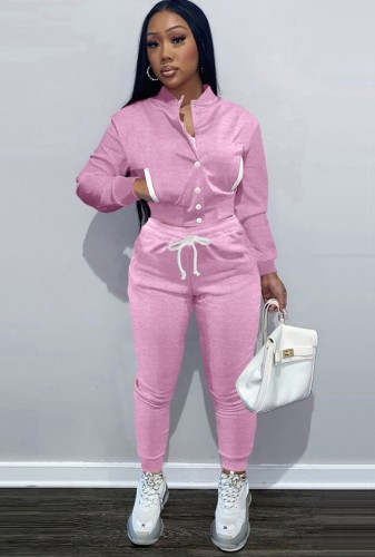 Pink Fleece Snap Button Top and Drawstring Pant 2PCS Set