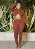 Brown Cross Neck Cut Out Crop Top and Sheath Pants 2PCS Set