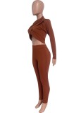 Brown Cross Neck Cut Out Crop Top and Sheath Pants 2PCS Set