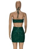 Green Sequins Cut Out Halter Sleeveless Mini Dress
