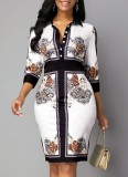 Retro Print Turndown Collar Button Up Half Sleeve Midi Dress