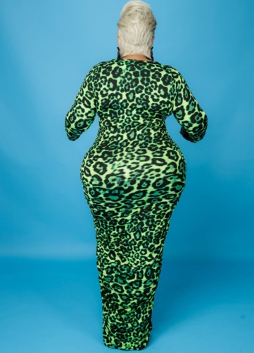 Plus Size Green Leopard Print U-Neck Tight Maxi Dress