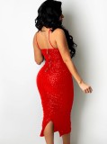 Red Sequins Cami Ruched Long Dress
