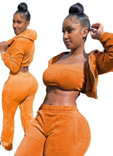 Orange Velvet Bandeau Top and Short Hoody Coat with Pant 3PCS Set