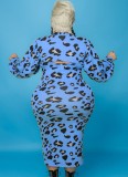 Plus Size Blue Leopard Print Turtleneck Cape Top and Cami Long Dress 2PCS Set