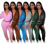 Casual Green Velour Short Zipper Sweatshirts and Loose Sweatpants Set
