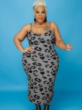 Plus Size Gray Leopard Print Turtleneck Cape Top and Cami Long Dress 2PCS Set