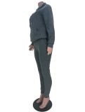 Gray Drawstring Hoody Top and Pants with Pocket 2PCS Set