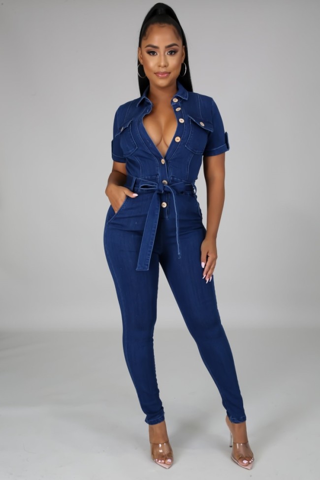 Dk-Blue Button Up Short Sleeve Jeans Jumpsuit With Belt