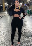 Black Cut Out Long Sleeve Scoop Neck Slinky Jumpsuit