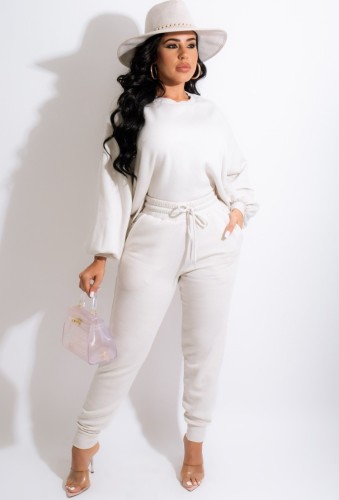 White O-Neck Loose Top and Drawstring Sweatpants 2PCS Set