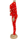 Christmas Santa Elk Print Red Loose Top and Fitted Pants 2PCS Set