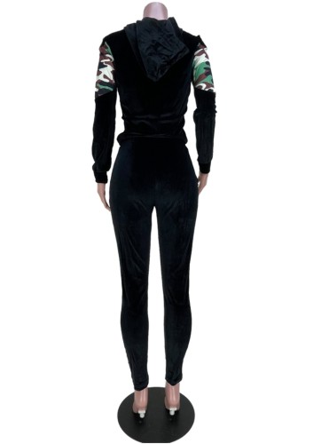 Camous Patch Black Velvet Zip Hoody Top and Pants 2PCS Set