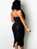 Black Sequins Cami Ruched Long Dress