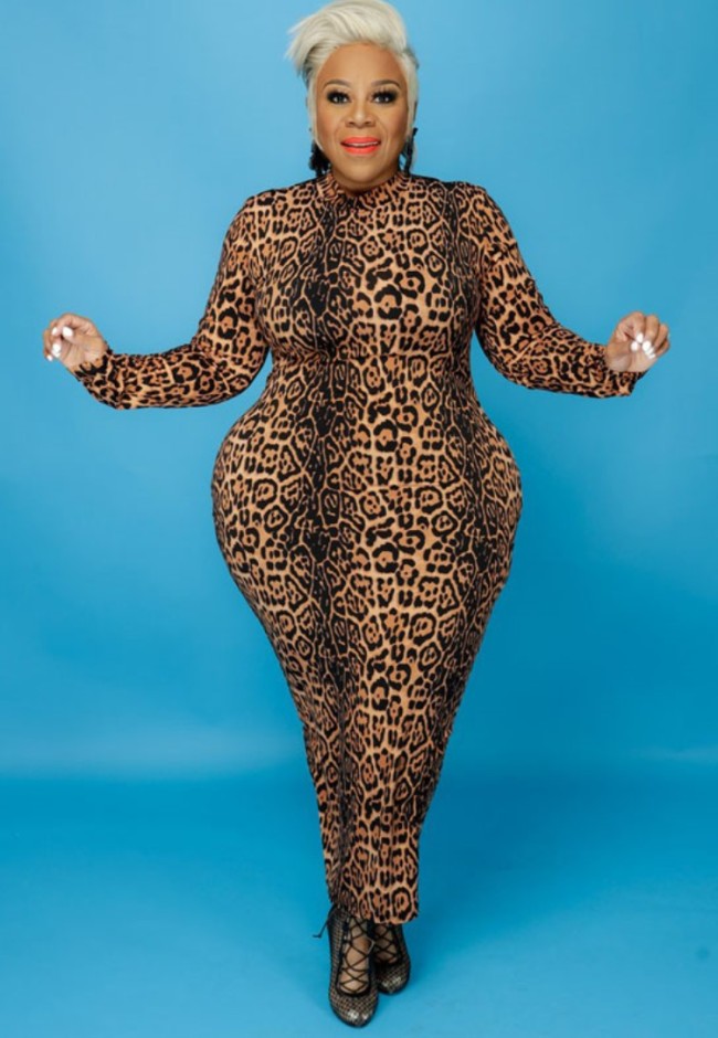 Plus Size Leopard Print Turtleneck Long Sleeve Tight Maxi Dress