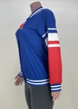 Print Blue Contrast Snap Button Baseball Jacket