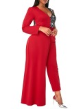 Plus Size Sequins Patch Red One Sleeve V-Neck Irregular Jumpsuit