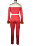 Red Off Shoulder Fake Fur Crop Top and High Waist Pant 2PCS Set