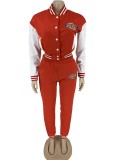 Print Red Button Up Baseball Jacket and Sweatpants 2PCS Set