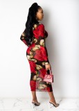 Red Flower Print Long Sleeve Slim Fit Long Dress