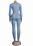 Blue Knotted Off Shoulder Crop Top and Pant 2PCS Set