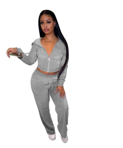 Casual Gray Velour Cropped Zipper Sweatshirts and Loose Sweatpants Set