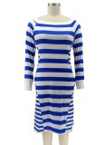 Plus Size Stripes Blue Square Neck Mermaid Midi Dress