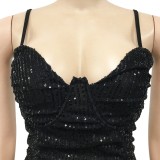 Black Sequins Cami Ruched Long Dress