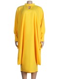 Plus Size Yellow Hole Batwing Sleeve Midi Neck Loose Dress