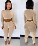 Nude Beaded See Through Tight Crop Top and Pants 2PCS Set