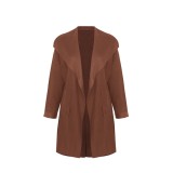 Brown Turndown Collar Drop Shoulder Long Coat with Pocket