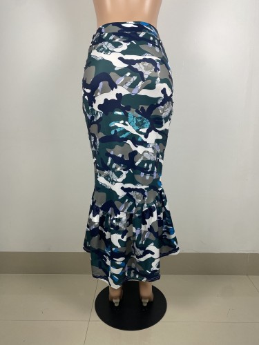 Camo Print High Low Mermaid Frill Hem High Waist Long Skirt