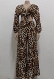 Leopard Print Tie Long Sleeve Crop Top and Wide Pant 2PCS Set