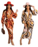 Print Apricot Button Up Knotted Long Dress