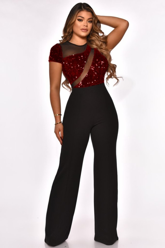 Sequins Red Mesh See Through O-Neck Short Sleeve Jumpsuit