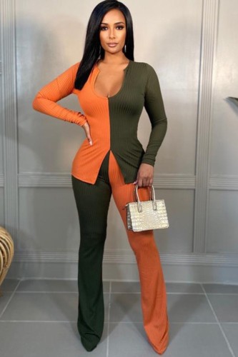 Orange and Green Contrast Rib Slim Top and Pants 2PCS Set