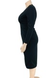 Plus Size Black V-Neck Zipper Up Midi Sheath Dress