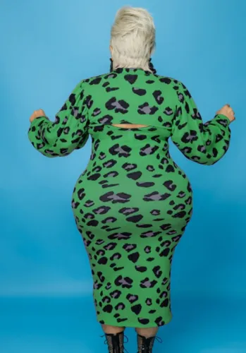 Plus Size Green Leopard Print Turtleneck Cape Top and Cami Long Dress 2PCS Set