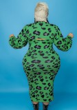 Plus Size Green Leopard Print Turtleneck Cape Top and Cami Long Dress 2PCS Set