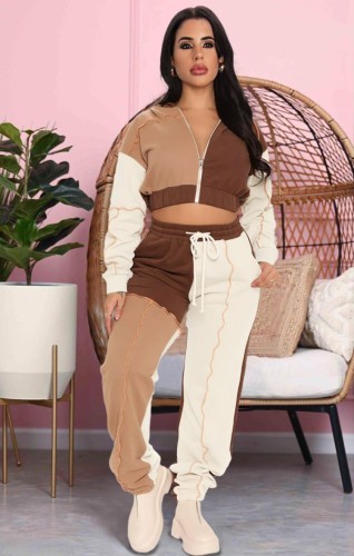 Contrast Khaki Zip Crop Top and Drawstring Pants 2PCS Set