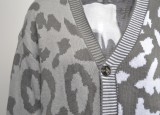 Lt-Gray and Dk-Grey Contrast V-neck Button Up Loose Sweater