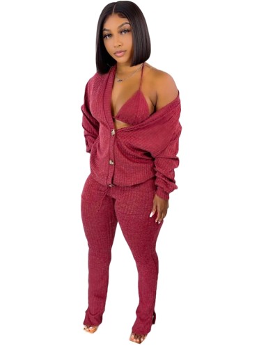 Burgundy Ribbed Halter Triangle Bra and Pants with Coat 3PCS Set