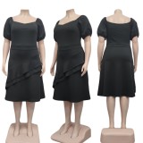 Plus Size Black Satin Off Shoulder Puff Sleeve Ruffled Midi Dress