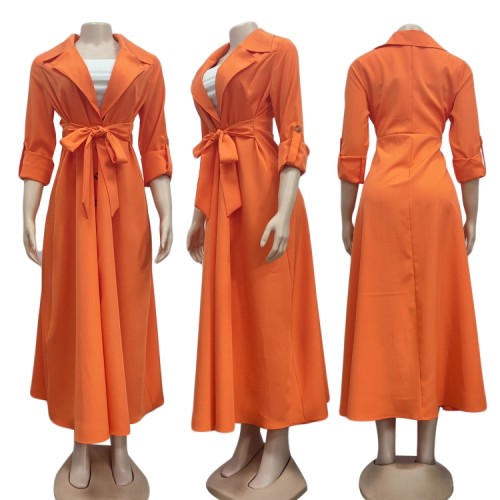 Orange Turndown Collar Button Open Long Dress with Waist Belt