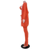 Orange Ribbed Halter Triangle Bra and Pants with Coat 3PCS Set