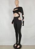 Black Cut Out Long Sleeve Scoop Neck Slinky Jumpsuit