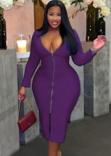 Plus Size Purple V-Neck Zipper Up Midi Sheath Dress