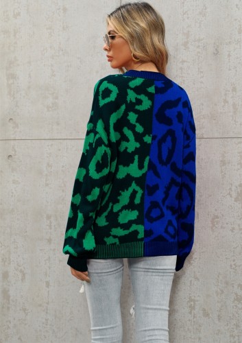 Blue and Green Contrast V-neck Button Up Loose Sweater